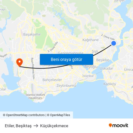 Etiler, Beşiktaş to Küçükçekmece map