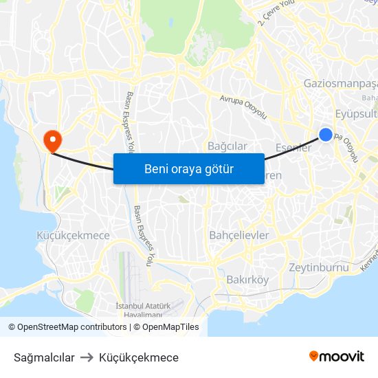 Sağmalcılar to Küçükçekmece map