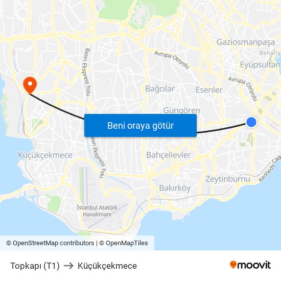 Topkapı (T1) to Küçükçekmece map