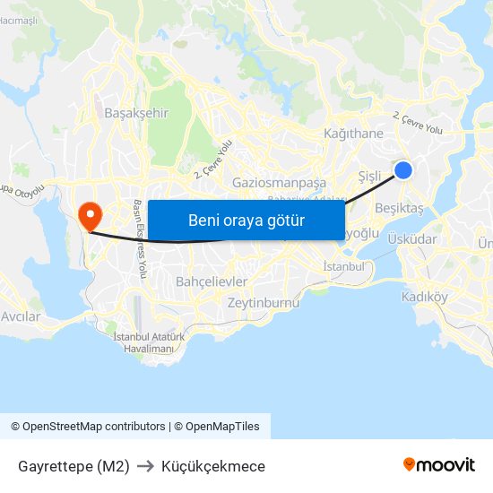 Gayrettepe (M2) to Küçükçekmece map