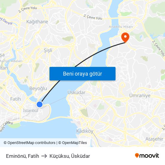 Eminönü, Fatih to Küçüksu, Üsküdar map