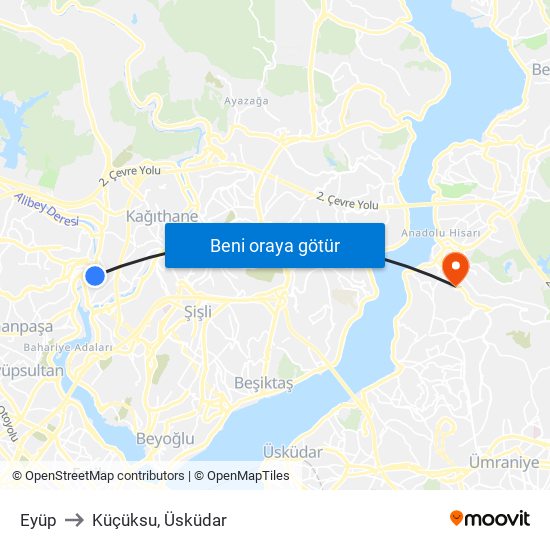 Eyüp to Küçüksu, Üsküdar map