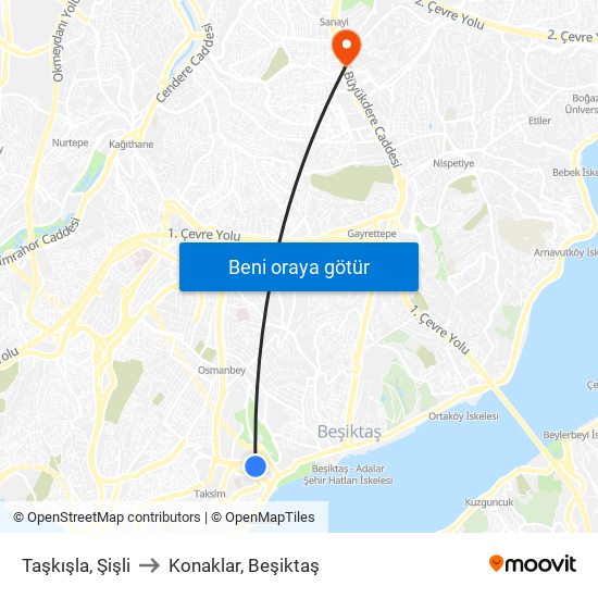 Taşkışla, Şişli to Konaklar, Beşiktaş map