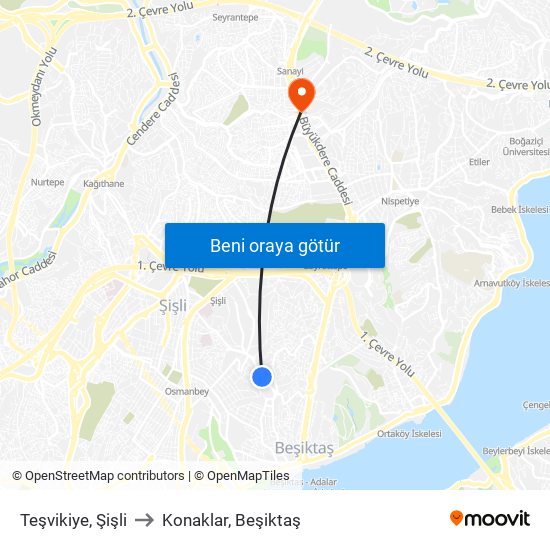 Teşvikiye, Şişli to Konaklar, Beşiktaş map