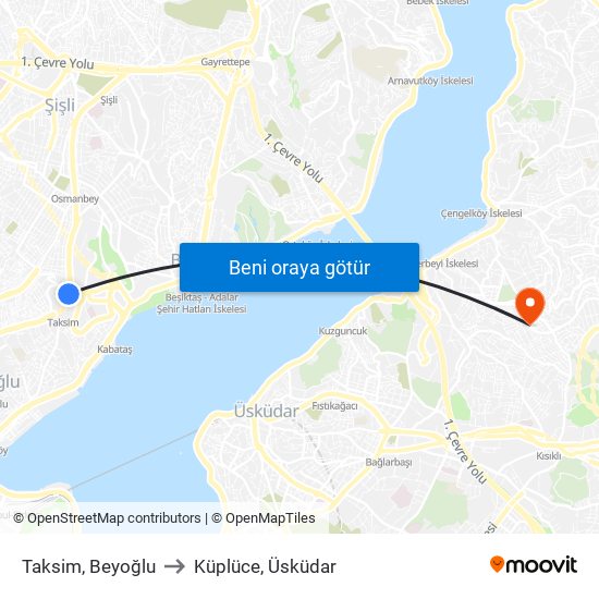 Taksim, Beyoğlu to Küplüce, Üsküdar map