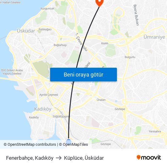Fenerbahçe, Kadıköy to Küplüce, Üsküdar map