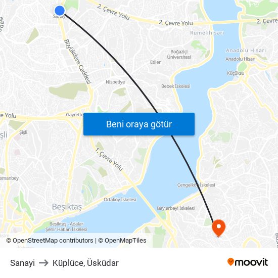 Sanayi to Küplüce, Üsküdar map