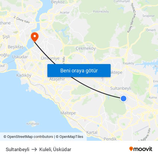 Sultanbeyli to Kuleli, Üsküdar map