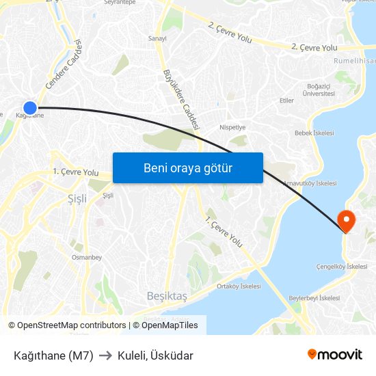 Kağıthane (M7) to Kuleli, Üsküdar map