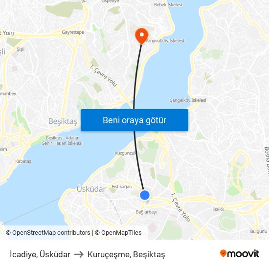 İcadiye, Üsküdar to Kuruçeşme, Beşiktaş map