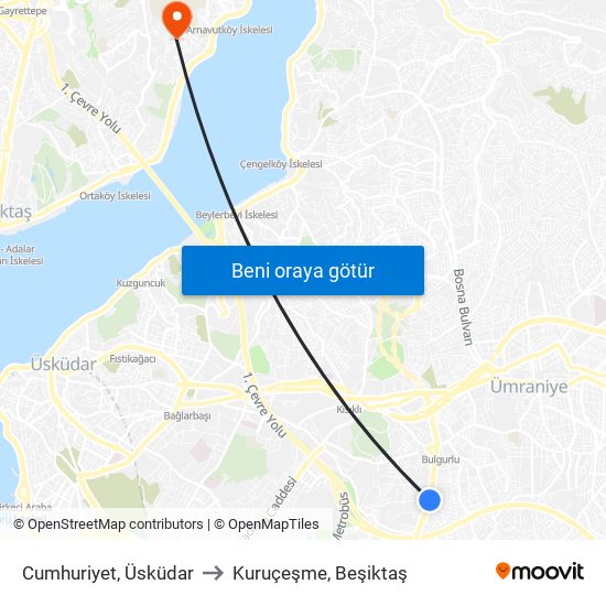 Cumhuriyet, Üsküdar to Kuruçeşme, Beşiktaş map