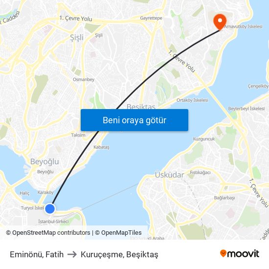 Eminönü, Fatih to Kuruçeşme, Beşiktaş map