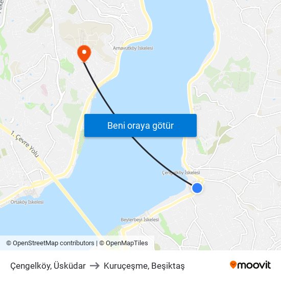 Çengelköy, Üsküdar to Kuruçeşme, Beşiktaş map