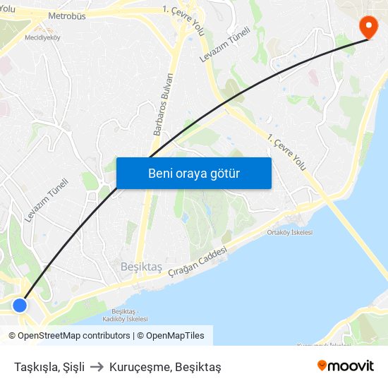 Taşkışla, Şişli to Kuruçeşme, Beşiktaş map