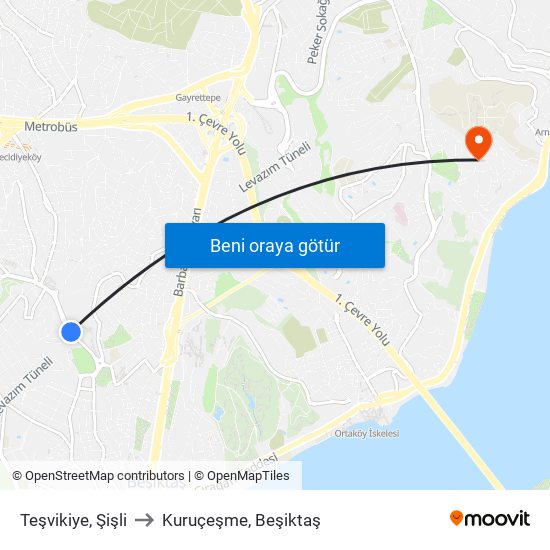 Teşvikiye, Şişli to Kuruçeşme, Beşiktaş map