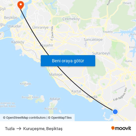 Tuzla to Kuruçeşme, Beşiktaş map