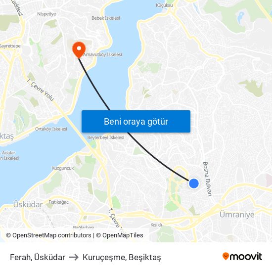 Ferah, Üsküdar to Kuruçeşme, Beşiktaş map