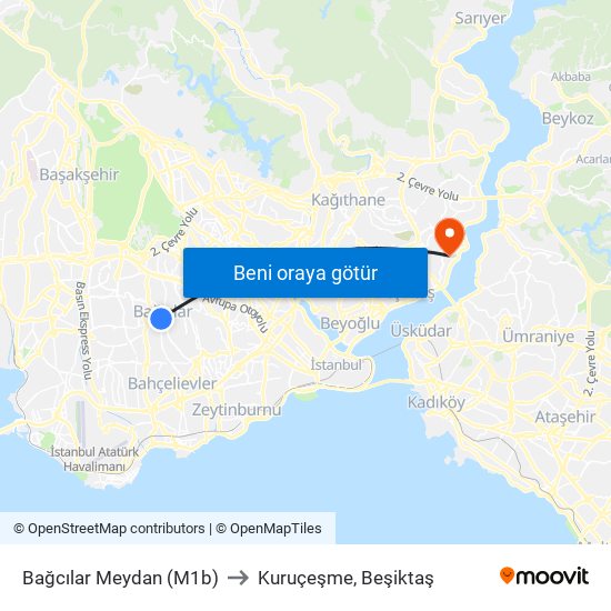 Bağcılar Meydan (M1b) to Kuruçeşme, Beşiktaş map