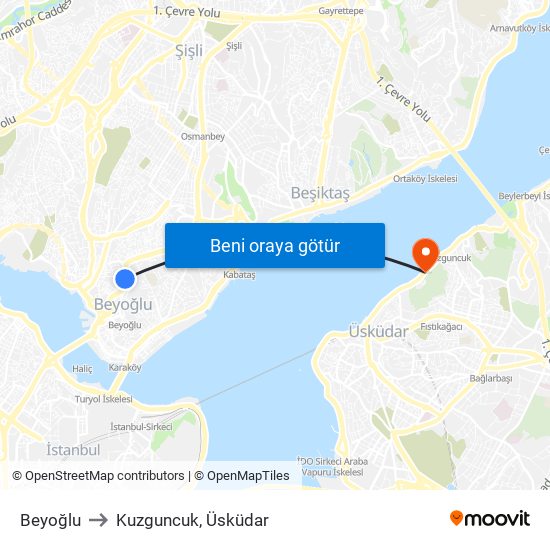 Beyoğlu to Kuzguncuk, Üsküdar map