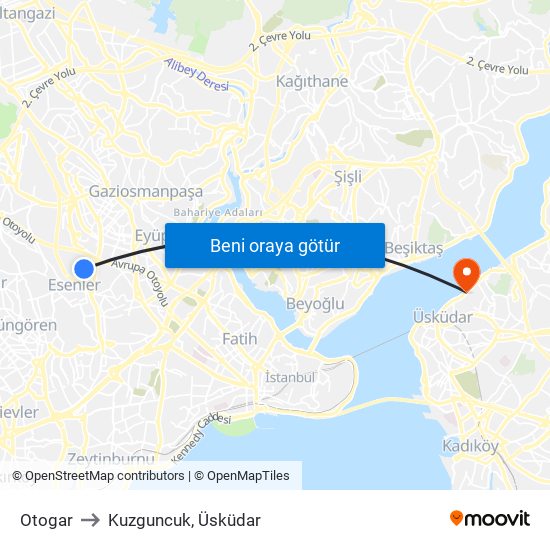 Otogar to Kuzguncuk, Üsküdar map