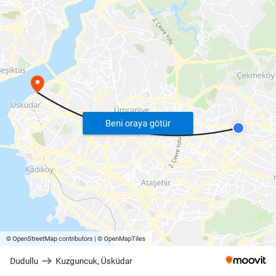 Dudullu to Kuzguncuk, Üsküdar map