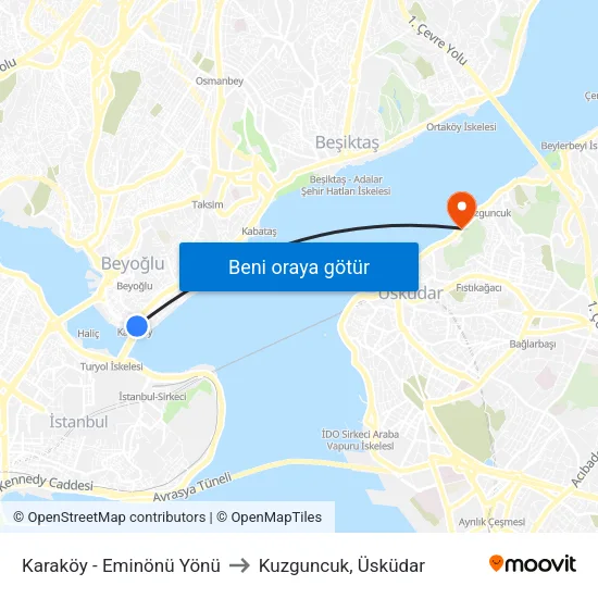 Karaköy - Eminönü Yönü to Kuzguncuk, Üsküdar map