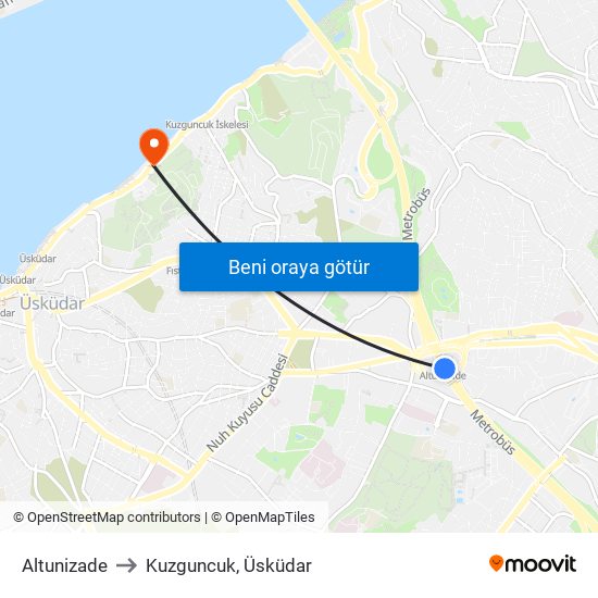 Altunizade to Kuzguncuk, Üsküdar map