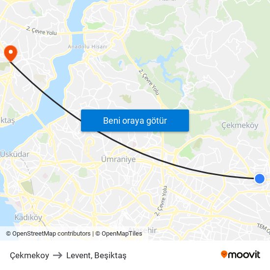 Çekmekoy to Levent, Beşiktaş map