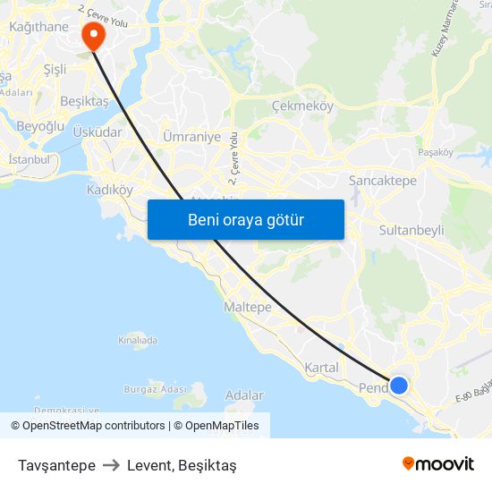 Tavşantepe to Levent, Beşiktaş map