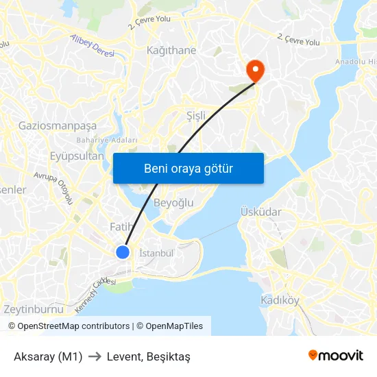 Aksaray (M1) to Levent, Beşiktaş map