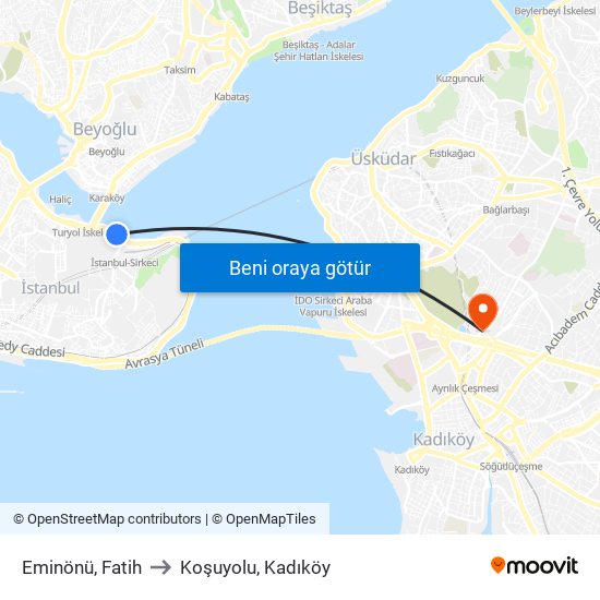 Eminönü, Fatih to Koşuyolu, Kadıköy map