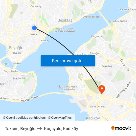 Taksim, Beyoğlu to Koşuyolu, Kadıköy map