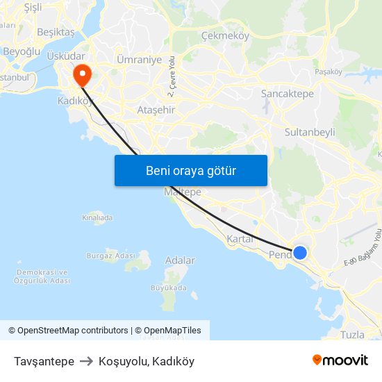 Tavşantepe to Koşuyolu, Kadıköy map