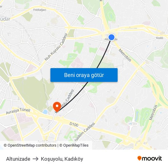 Altunizade to Koşuyolu, Kadıköy map