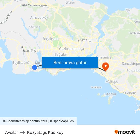 Avcilar to Kozyatağı, Kadıköy map