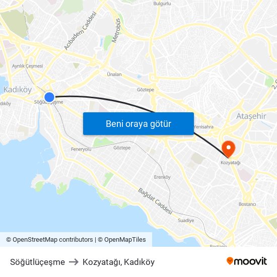 Söğütlüçeşme to Kozyatağı, Kadıköy map