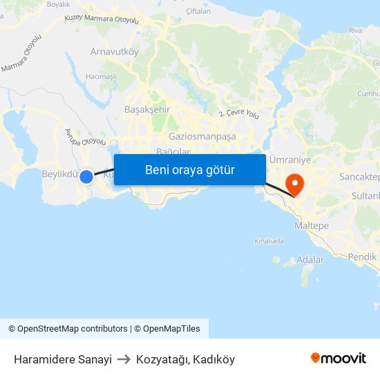 Haramidere Sanayi to Kozyatağı, Kadıköy map