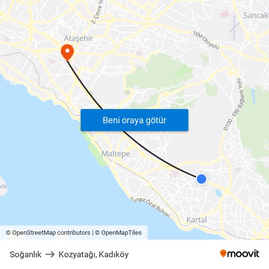 Soğanlık to Kozyatağı, Kadıköy map