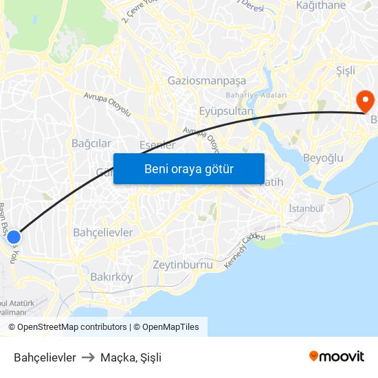 Bahçelievler to Maçka, Şişli map