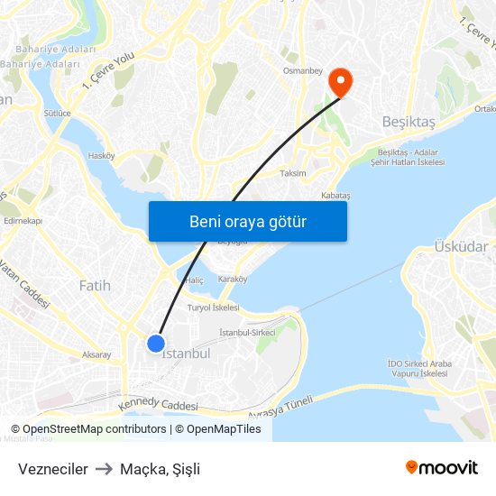 Vezneciler to Maçka, Şişli map