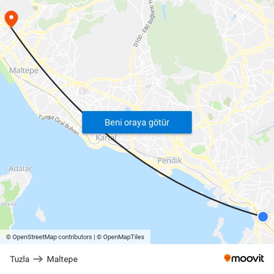 Tuzla to Maltepe map
