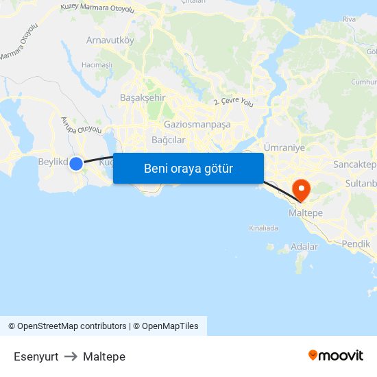 Esenyurt to Maltepe map