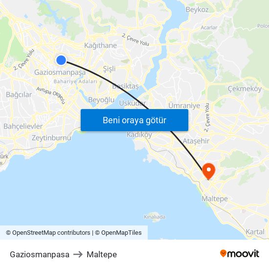 Gaziosmanpasa to Maltepe map