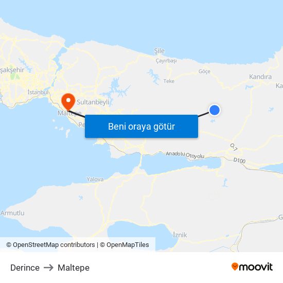 Derince to Maltepe map