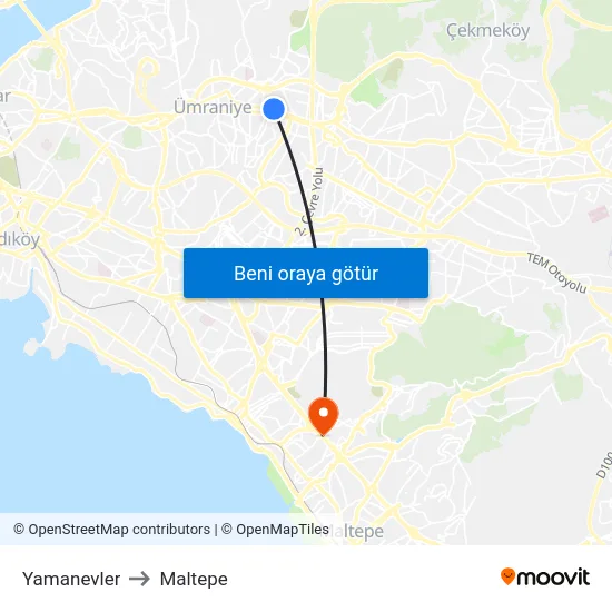 Yamanevler to Maltepe map