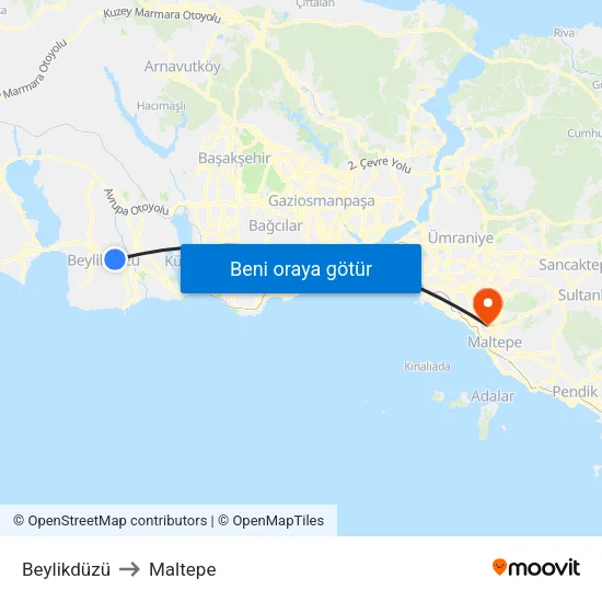 Beylikdüzü to Maltepe map