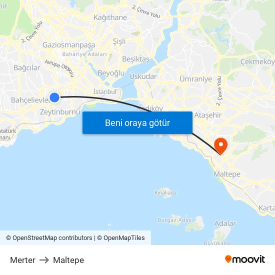 Merter to Maltepe map