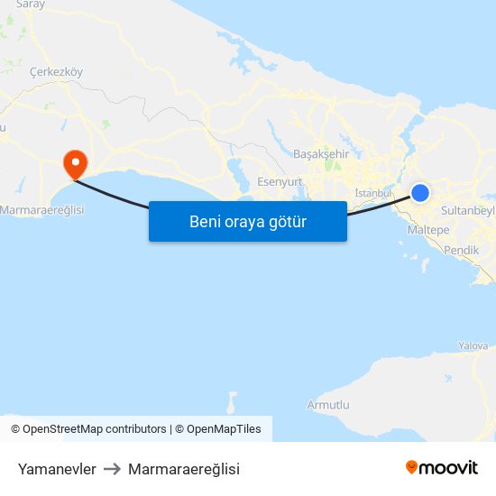 Yamanevler to Marmaraereğlisi map