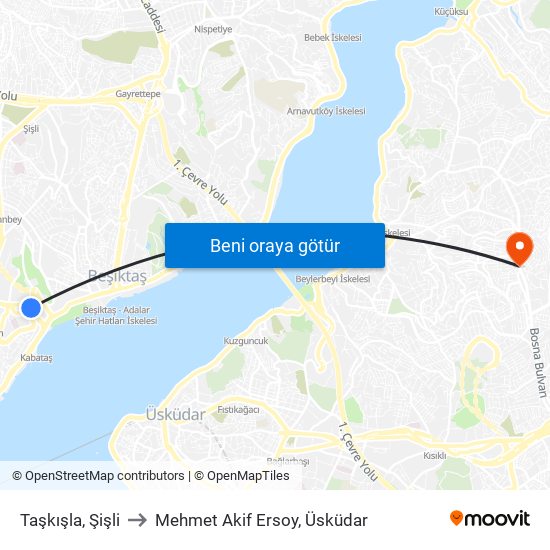 Taşkışla, Şişli to Mehmet Akif Ersoy, Üsküdar map