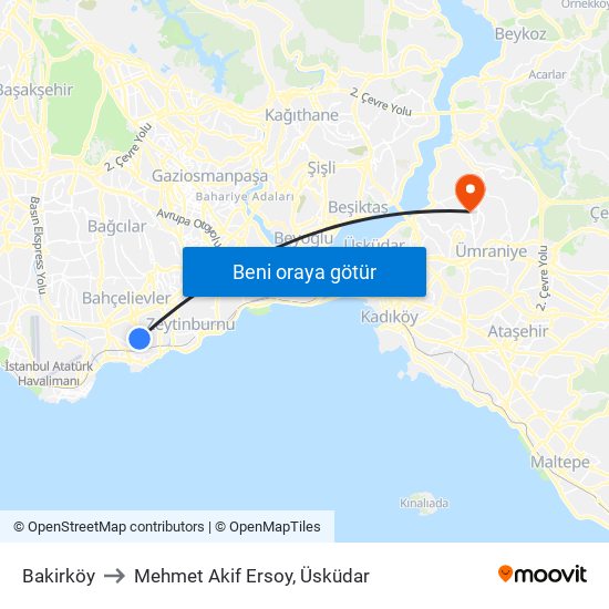 Bakirköy to Mehmet Akif Ersoy, Üsküdar map